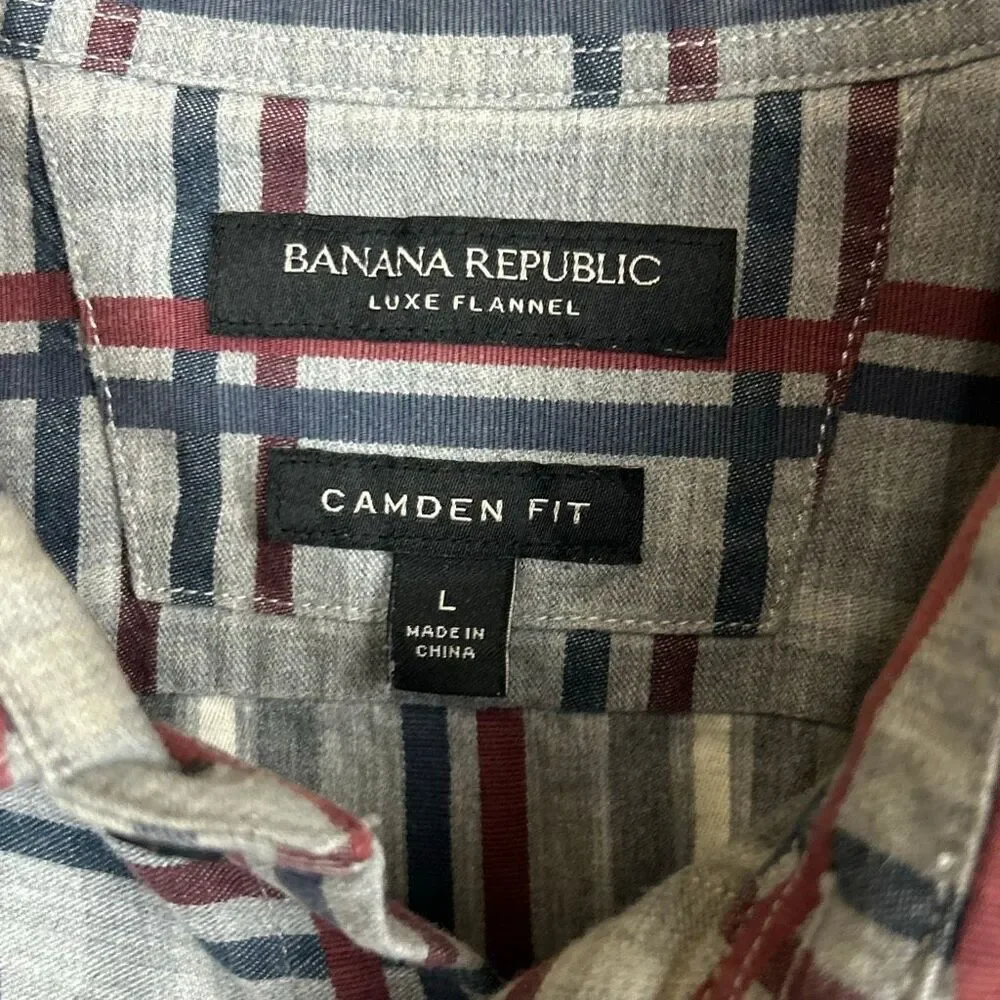 Banana Republic Luxe Flannel Button Down Shirt Camden Fit Sz Large Gray Plaid